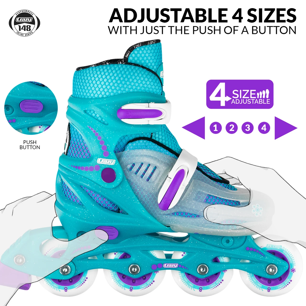 148 Adjustable Inline Skates - Teal Glitter Large (size 5-8) 5 148 Adjustable Inline Skates - Teal Glitter Large (size 5-8) - Image 3